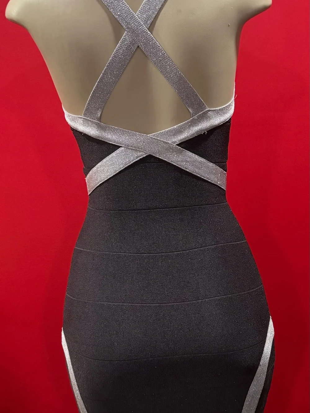 bebe Silver and Black Metallic Strap Detail Dress